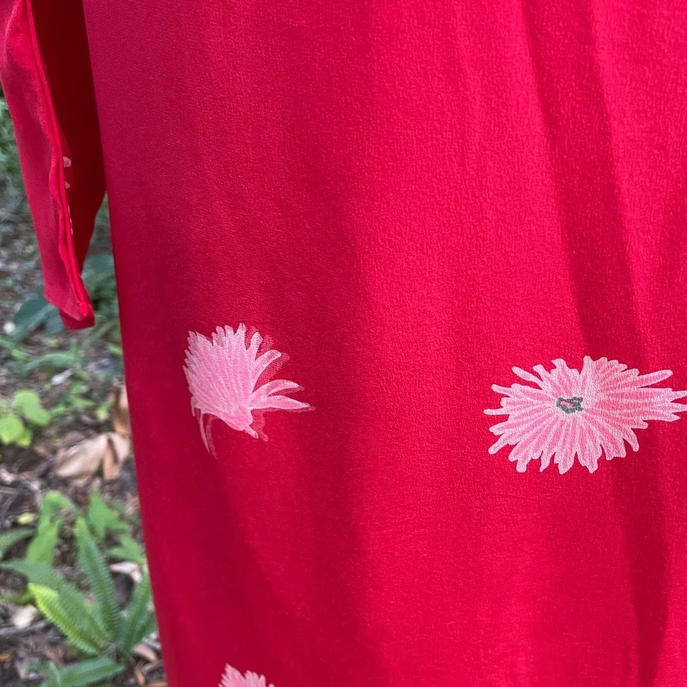 Vintage 70s Red Silk Asian Inspired Dress Floral Long Sleeve Rita Angelo M L - Picture 7 of 13